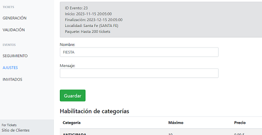 Ajustes de eventos